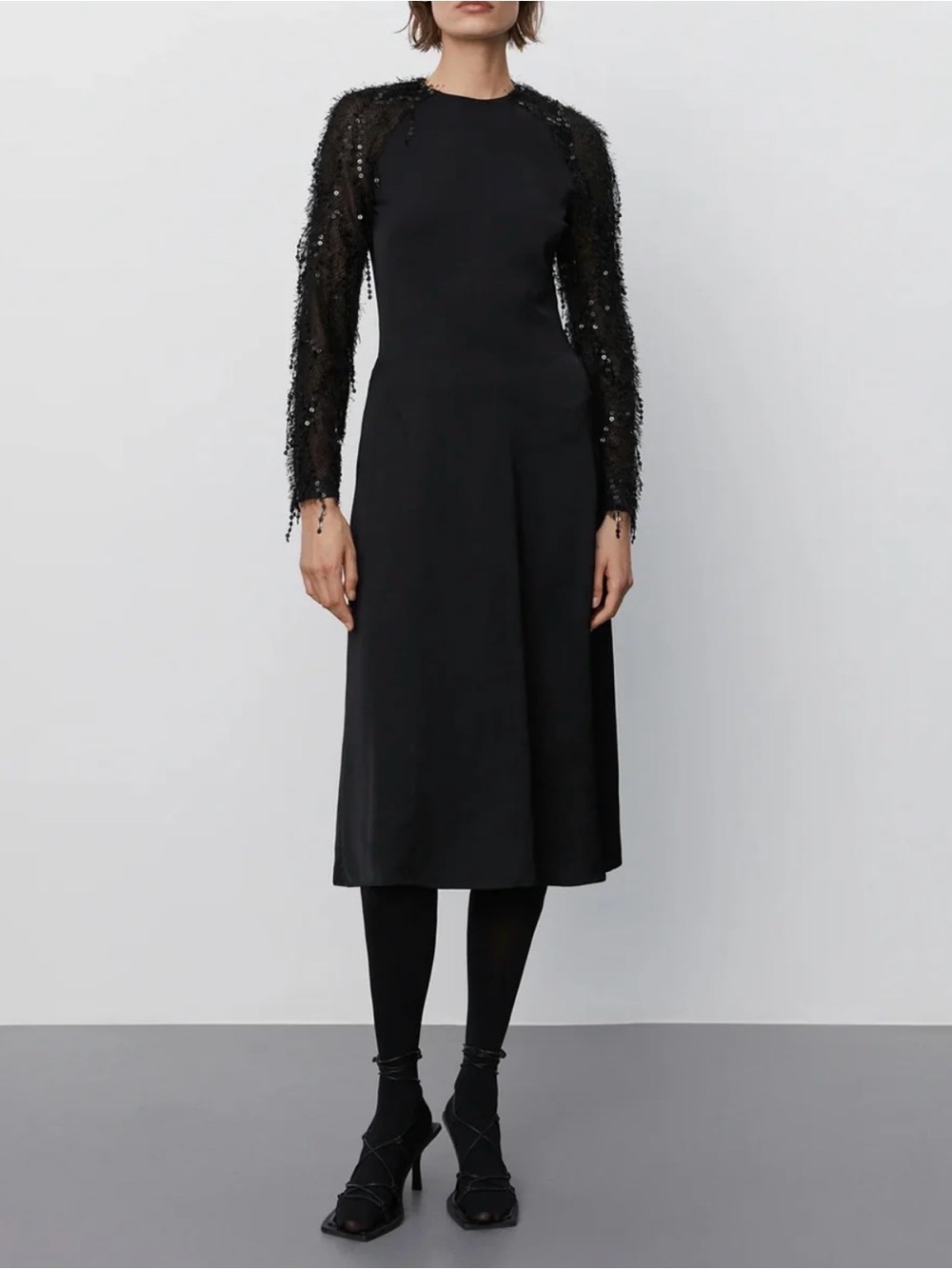 DAY Black Midi Dress with Embellished Sheer Sleeves size EU 38 NWT